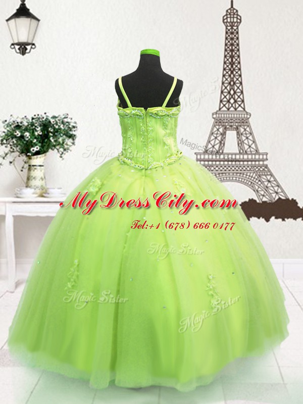 Yellow Green Zipper Spaghetti Straps Beading and Appliques Pageant Dress Wholesale Tulle Sleeveless