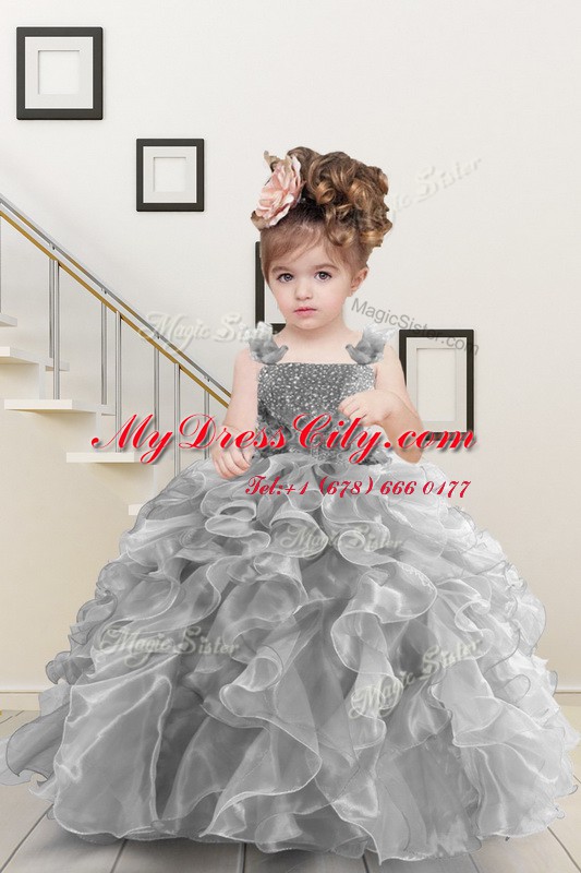 Simple Grey Pageant Dress for Teens Military Ball and Sweet 16 and Quinceanera and For with Beading and Ruffles Straps Sleeveless Lace Up