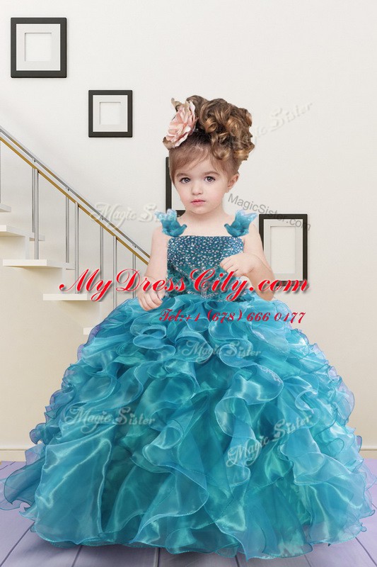 Modern Turquoise Ball Gowns Straps Sleeveless Organza Floor Length Lace Up Beading and Ruffles Child Pageant Dress