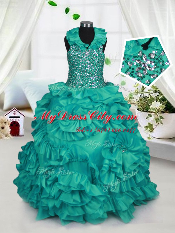 Low Price Halter Top Turquoise Taffeta Zipper Party Dress for Girls Sleeveless Floor Length Beading and Ruffles