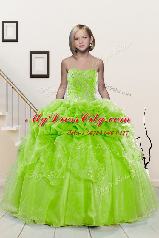 Yellow Green Sleeveless Floor Length Beading and Pick Ups Lace Up Pageant Dress Wholesale
