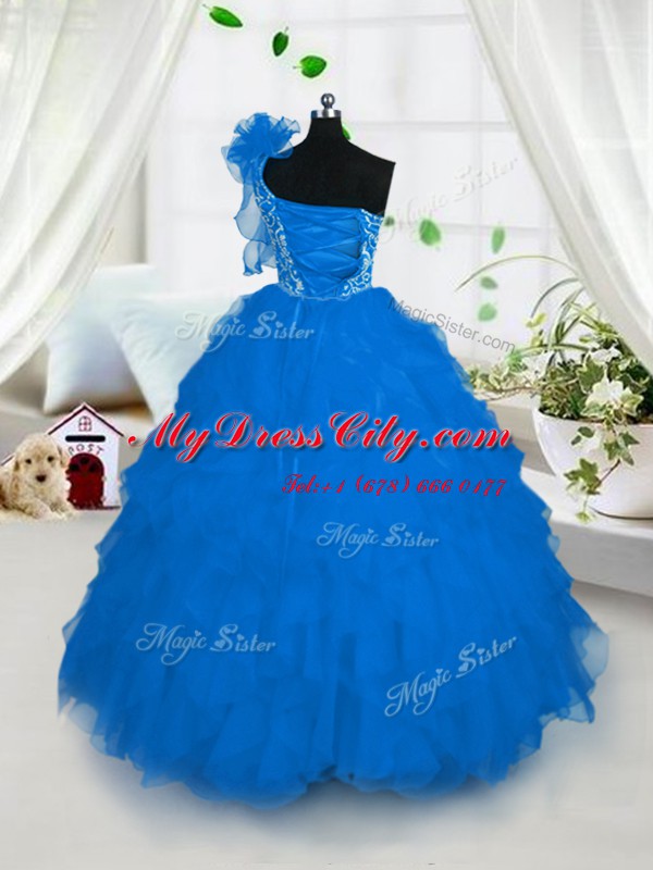 One Shoulder Aqua Blue Sleeveless Floor Length Embroidery and Ruffles Lace Up Pageant Dress for Girls