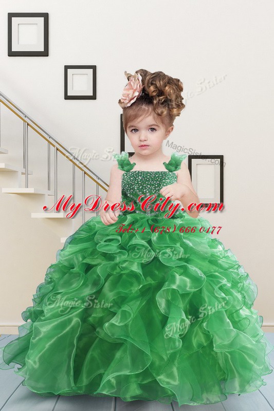 Green Ball Gowns Beading and Ruffles Custom Made Pageant Dress Lace Up Organza Sleeveless Floor Length