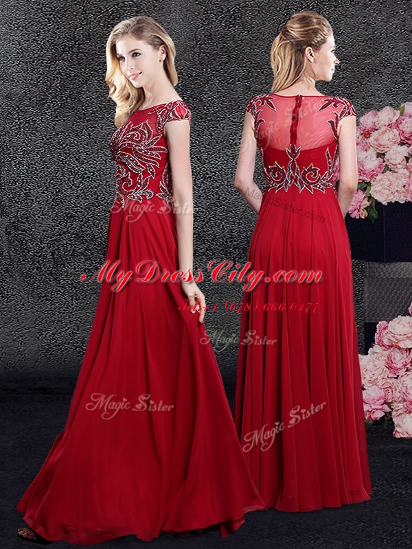 Sophisticated Scoop Cap Sleeves Zipper Homecoming Dress Red Chiffon