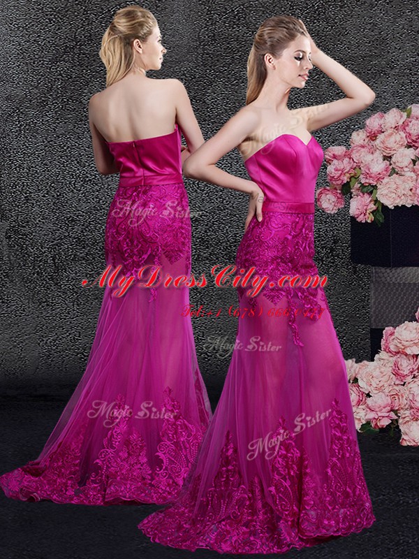 Mermaid Sleeveless Floor Length Lace and Appliques Zipper Prom Dresses with Fuchsia Sweep Train