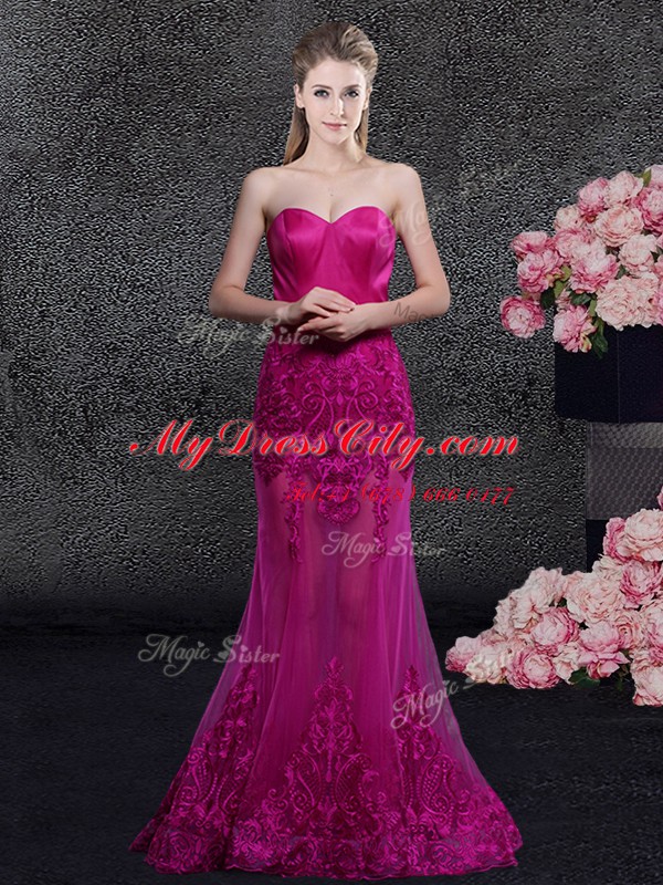 Mermaid Sleeveless Floor Length Lace and Appliques Zipper Prom Dresses with Fuchsia Sweep Train