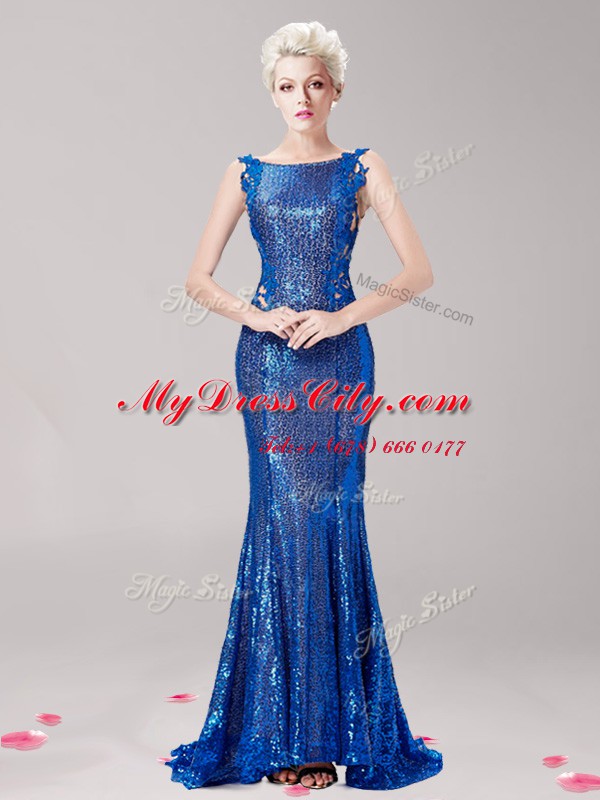 Ideal Mermaid Square Sleeveless Brush Train Appliques and Sequins Clasp Handle Prom Dresses