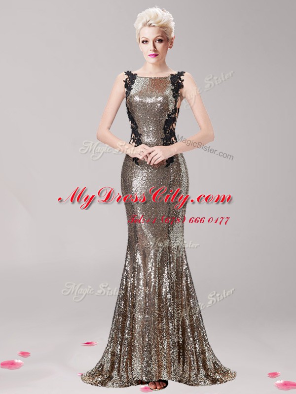Ideal Mermaid Square Sleeveless Brush Train Appliques and Sequins Clasp Handle Prom Dresses
