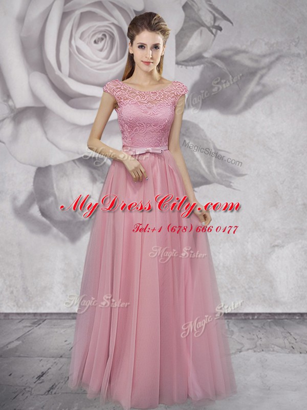 Deluxe Scoop Cap Sleeves Floor Length Lace and Ruching and Bowknot Lace Up Prom Evening Gown with Pink