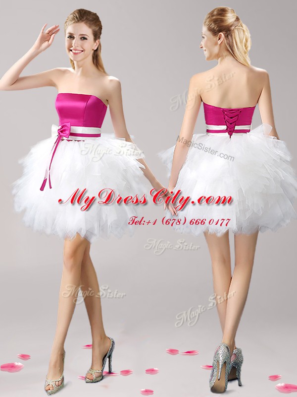 Inexpensive Pink And White Ball Gowns Strapless Sleeveless Tulle Mini Length Lace Up Ruffles and Bowknot Prom Dresses