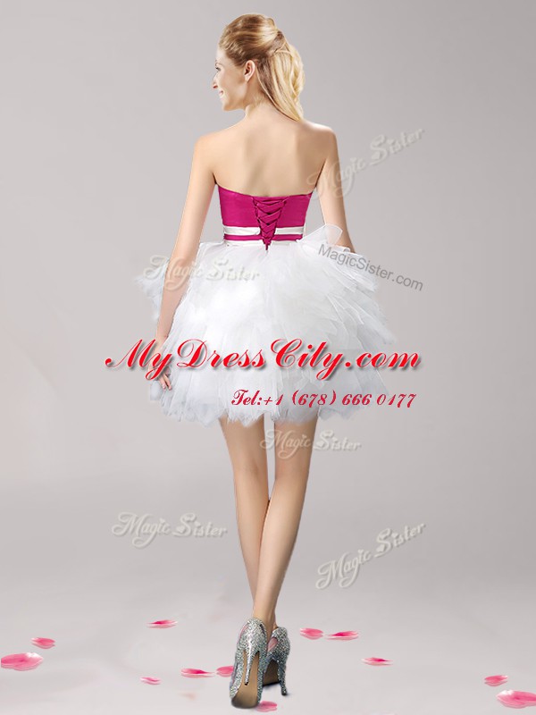 Inexpensive Pink And White Ball Gowns Strapless Sleeveless Tulle Mini Length Lace Up Ruffles and Bowknot Prom Dresses