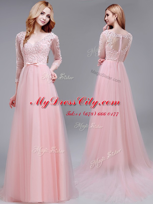 Fantastic Baby Pink Zipper V-neck Lace and Bowknot Dress for Prom Tulle 3 4 Length Sleeve Brush Train