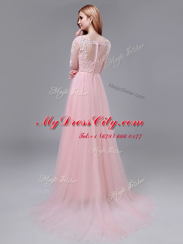 Fantastic Baby Pink Zipper V-neck Lace and Bowknot Dress for Prom Tulle 3 4 Length Sleeve Brush Train