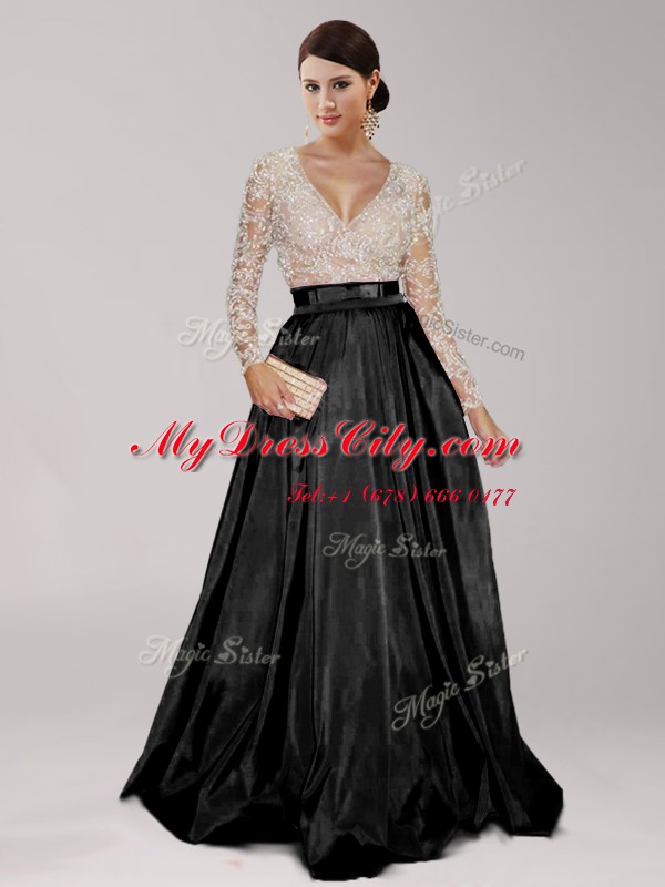 Deluxe Long Sleeves Beading and Belt Zipper Prom Evening Gown