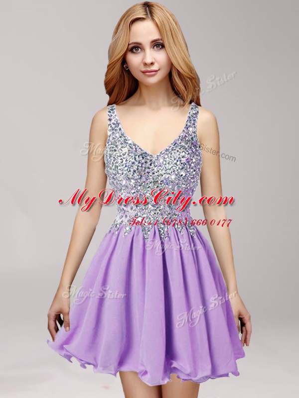 Latest Straps Lavender Side Zipper Dress for Prom Beading and Ruffles Sleeveless Mini Length
