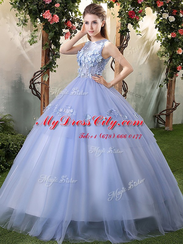 Vintage Tulle Bateau Sleeveless Lace Up Appliques Quinceanera Dress in Lavender