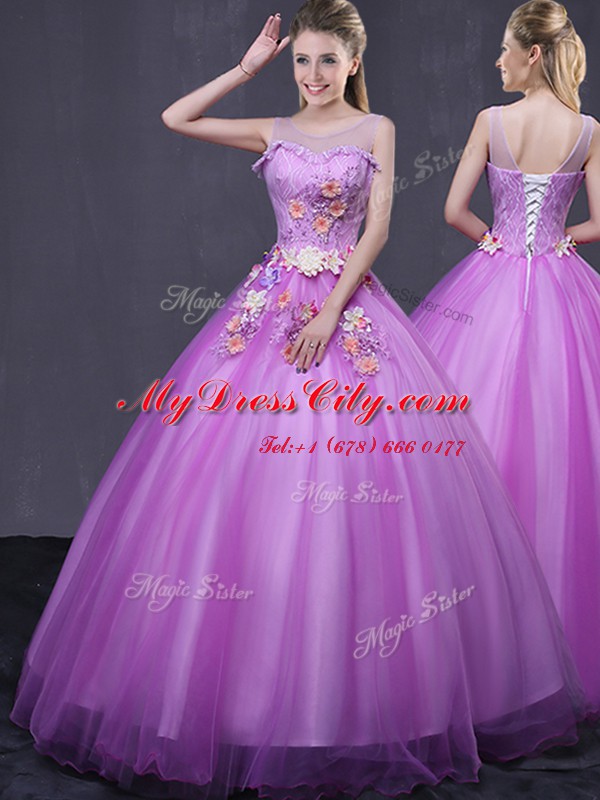 Flirting Scoop Sleeveless Tulle Floor Length Lace Up Quinceanera Gowns in Lilac with Beading and Appliques