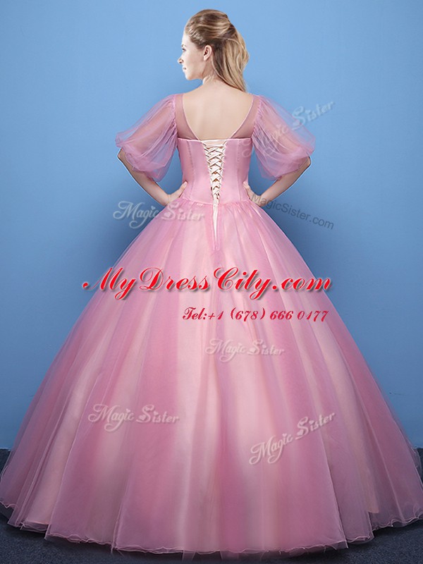 Great Scoop Pink Lace Up Ball Gown Prom Dress Appliques Half Sleeves Floor Length