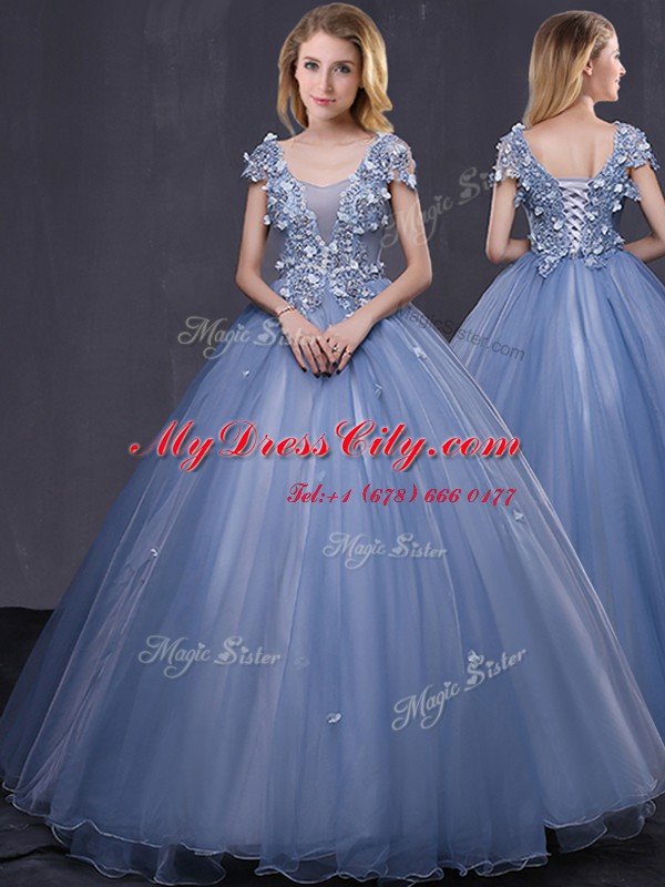 Delicate Lavender Ball Gowns Scoop Short Sleeves Tulle Floor Length Lace Up Appliques Sweet 16 Dress
