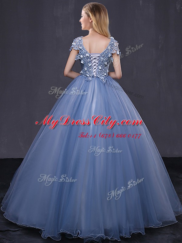 Delicate Lavender Ball Gowns Scoop Short Sleeves Tulle Floor Length Lace Up Appliques Sweet 16 Dress