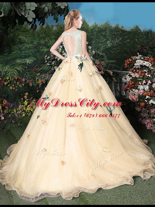 Elegant Scoop Champagne Organza Lace Up Sweet 16 Quinceanera Dress Sleeveless Brush Train Appliques