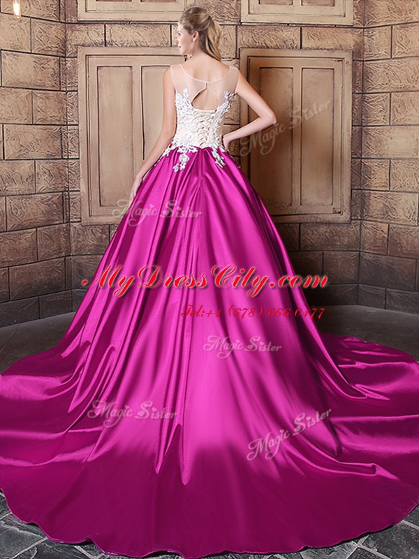 Exquisite Scoop Sleeveless Court Train Appliques Lace Up Ball Gown Prom Dress