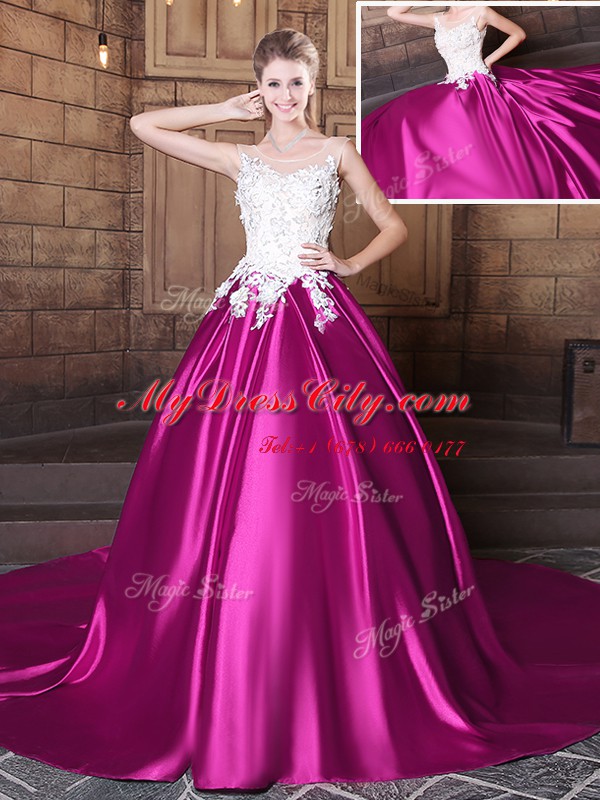 Exquisite Scoop Sleeveless Court Train Appliques Lace Up Ball Gown Prom Dress