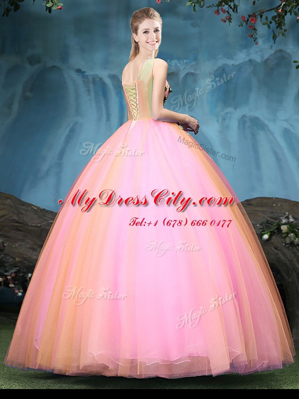 Ideal Multi-color Ball Gowns Appliques Quinceanera Gowns Lace Up Tulle Sleeveless Floor Length