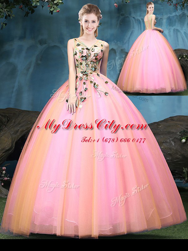 Ideal Multi-color Ball Gowns Appliques Quinceanera Gowns Lace Up Tulle Sleeveless Floor Length