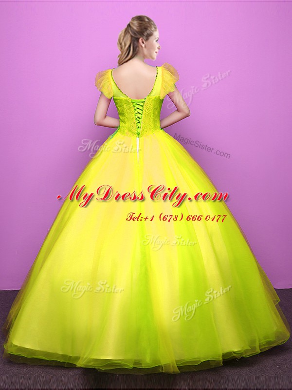 Fantastic Scoop Appliques 15th Birthday Dress Yellow Green Lace Up Short Sleeves Floor Length