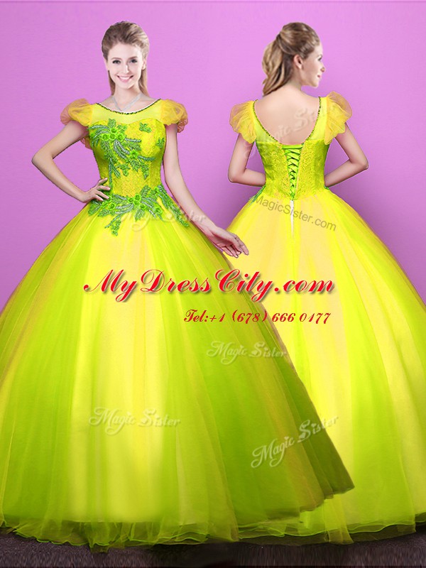 Fantastic Scoop Appliques 15th Birthday Dress Yellow Green Lace Up Short Sleeves Floor Length
