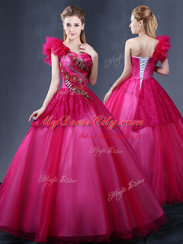 One Shoulder Floor Length Fuchsia Quinceanera Dresses Tulle Sleeveless Lace and Appliques and Ruffles