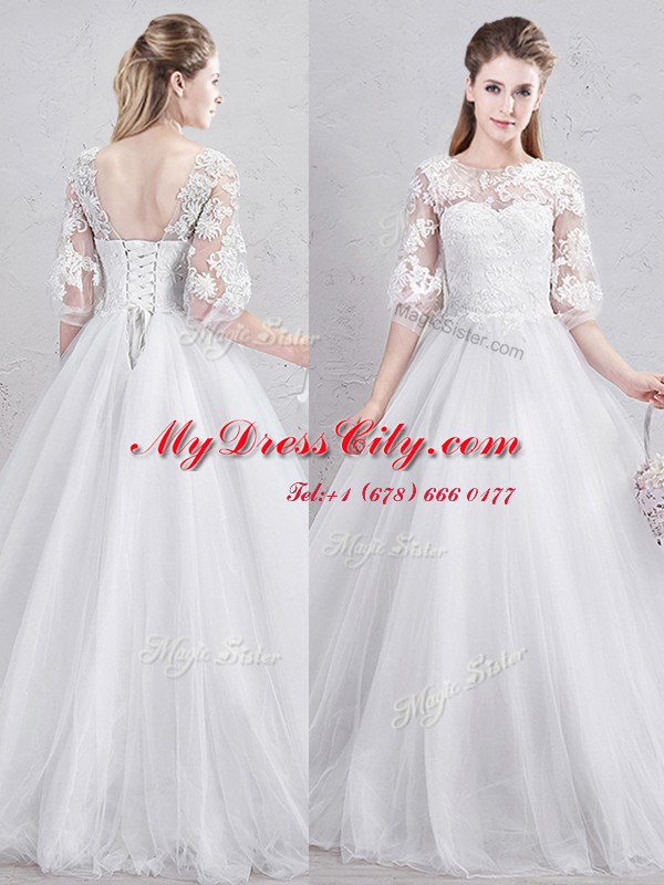 Pretty Scoop Tulle Half Sleeves Floor Length Wedding Gowns and Lace and Appliques