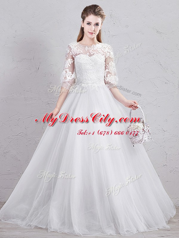 Pretty Scoop Tulle Half Sleeves Floor Length Wedding Gowns and Lace and Appliques