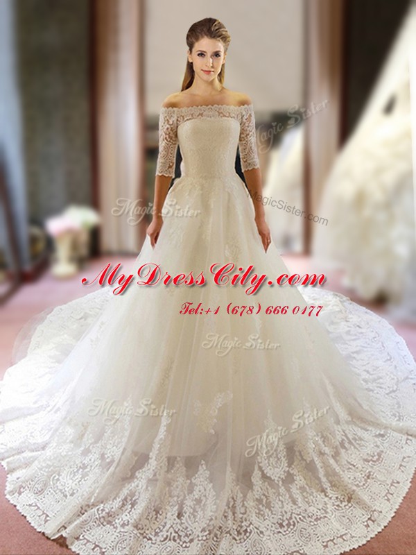 Captivating White Off The Shoulder Neckline Lace and Appliques Wedding Dress Half Sleeves Zipper