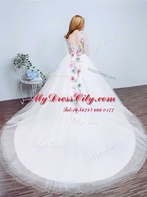 Romantic With Train A-line Long Sleeves White Wedding Dresses Court Train Lace Up