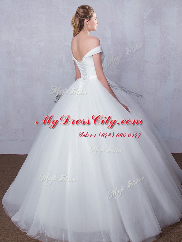 Ball Gowns Bridal Gown White Off The Shoulder Tulle Sleeveless Floor Length Lace Up
