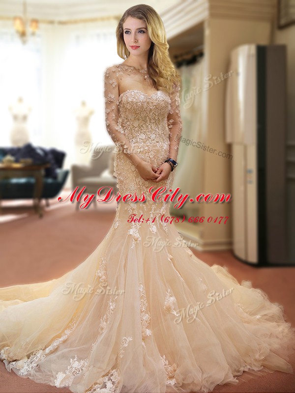 Elegant Mermaid Sweetheart Sleeveless Court Train Lace Up Wedding Gowns Champagne Tulle