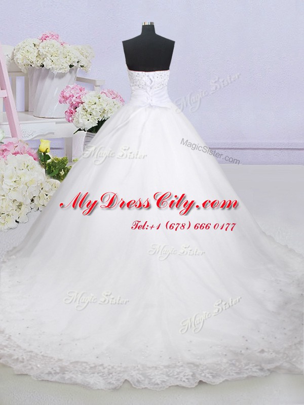 Dazzling White Tulle Lace Up Wedding Gowns Sleeveless With Train Court Train Beading and Lace