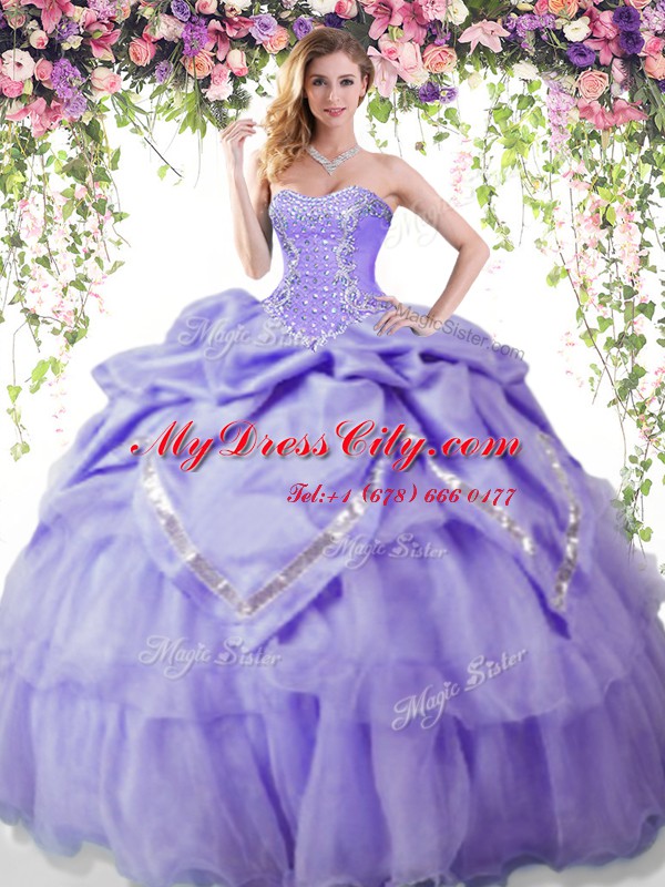 Superior Sleeveless Organza and Taffeta Floor Length Lace Up 15 Quinceanera Dress in Lavender with Beading and Pick Ups