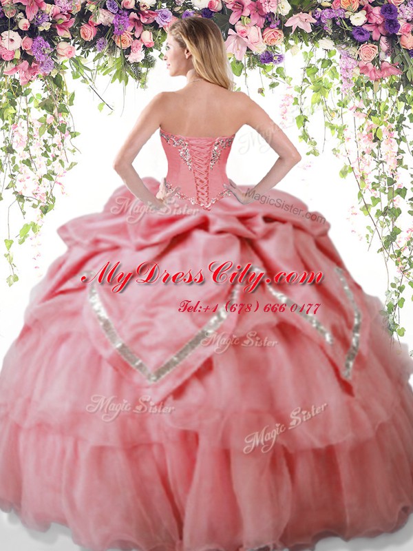 Superior Sleeveless Organza and Taffeta Floor Length Lace Up 15 Quinceanera Dress in Lavender with Beading and Pick Ups