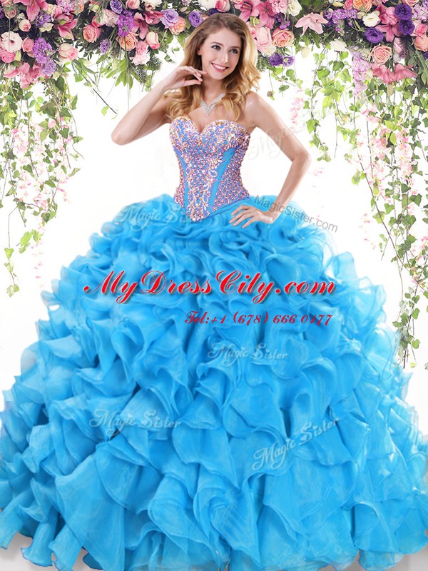 Suitable Sweep Train Ball Gowns Sweet 16 Dress Baby Blue Sweetheart Organza Sleeveless Lace Up