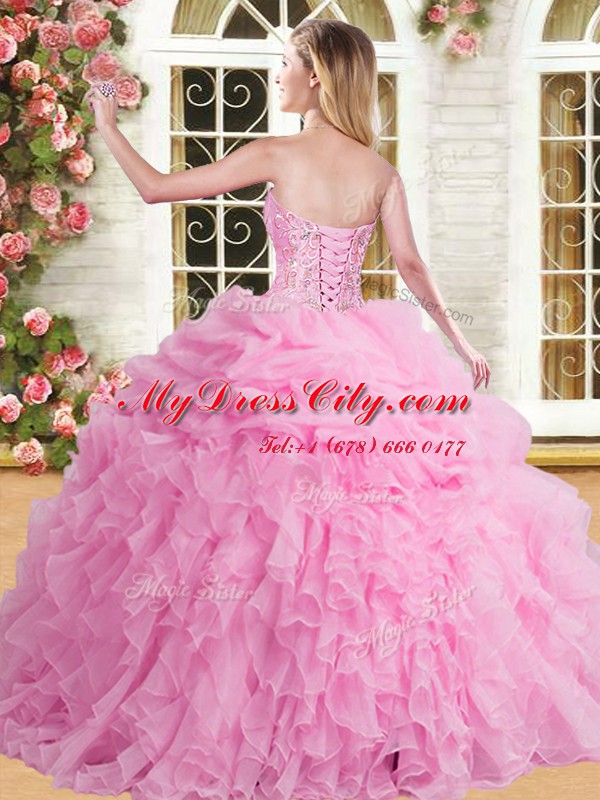 Floor Length Lace Up Quinceanera Dress Peach for Military Ball and Sweet 16 and Quinceanera with Beading and Appliques and Ruffles and Pick Ups