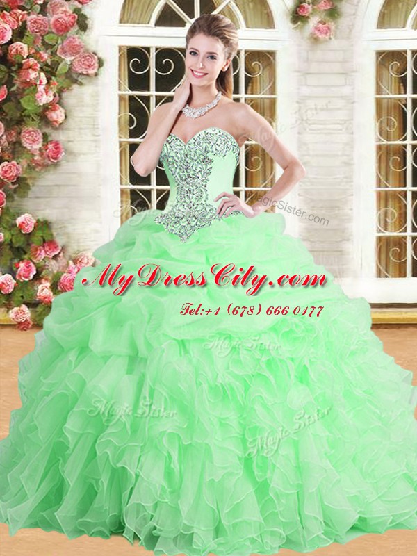 Sweetheart Sleeveless Quince Ball Gowns Floor Length Appliques and Ruffles and Pick Ups Tulle