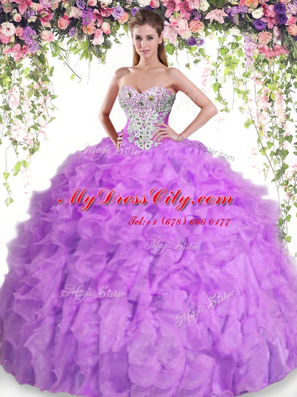 Custom Design Lilac Sleeveless Organza Lace Up Ball Gown Prom Dress for Military Ball and Sweet 16 and Quinceanera