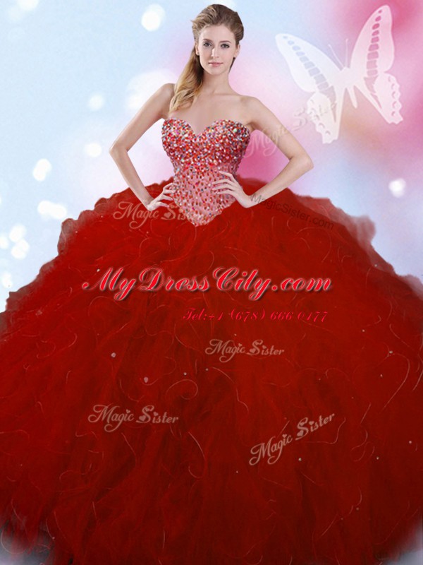 Spectacular Sweetheart Sleeveless Lace Up Vestidos de Quinceanera Wine Red Tulle
