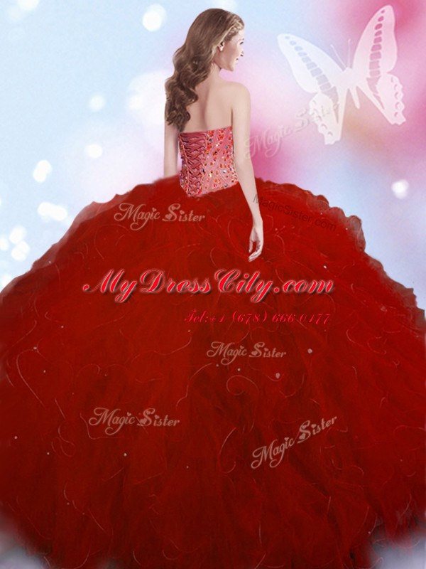 Spectacular Sweetheart Sleeveless Lace Up Vestidos de Quinceanera Wine Red Tulle