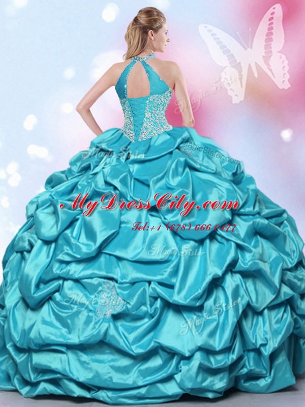 Fitting Teal Lace Up Halter Top Beading and Lace and Appliques and Pick Ups Quince Ball Gowns Taffeta Sleeveless