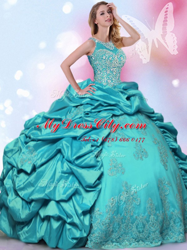 Fitting Teal Lace Up Halter Top Beading and Lace and Appliques and Pick Ups Quince Ball Gowns Taffeta Sleeveless