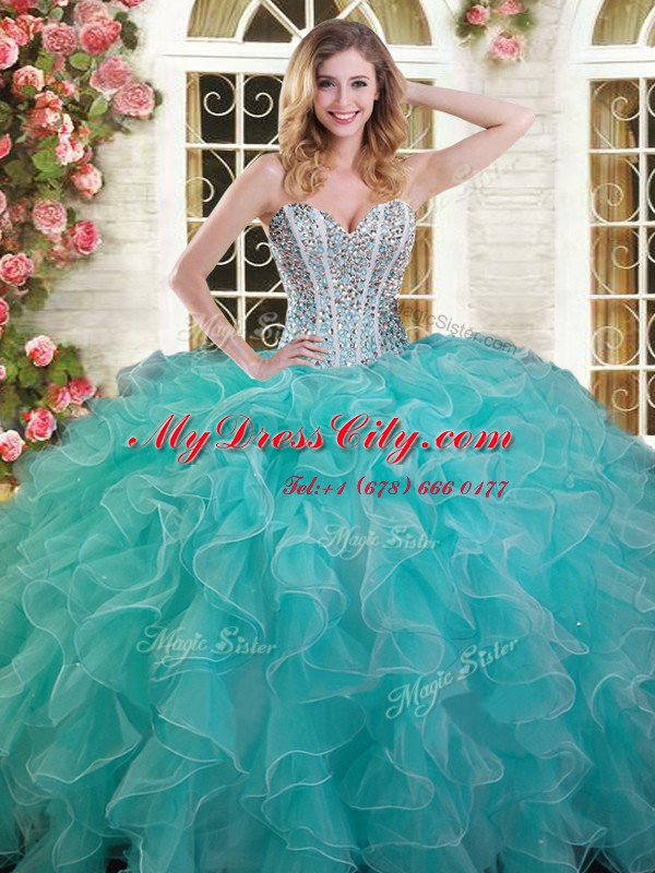 Delicate Aqua Blue Sleeveless Floor Length Beading and Ruffles Lace Up Quinceanera Gown